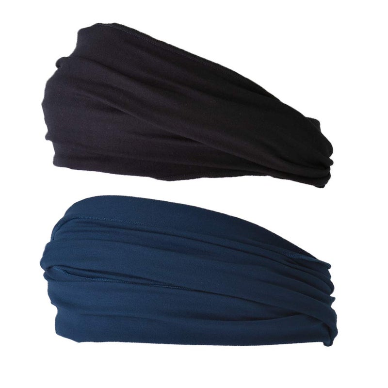 Charm Mens Head Wraps Elastic Bandana - Japanese Headband Workout Women Hair Black & Navy 2-Pack - Image 1